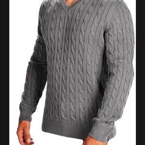 Lord Jeff Sz L 100% DUPONT ORLON  ACRYLIC CABLE KNIT  V-Neck Sweater Gray Ribbed